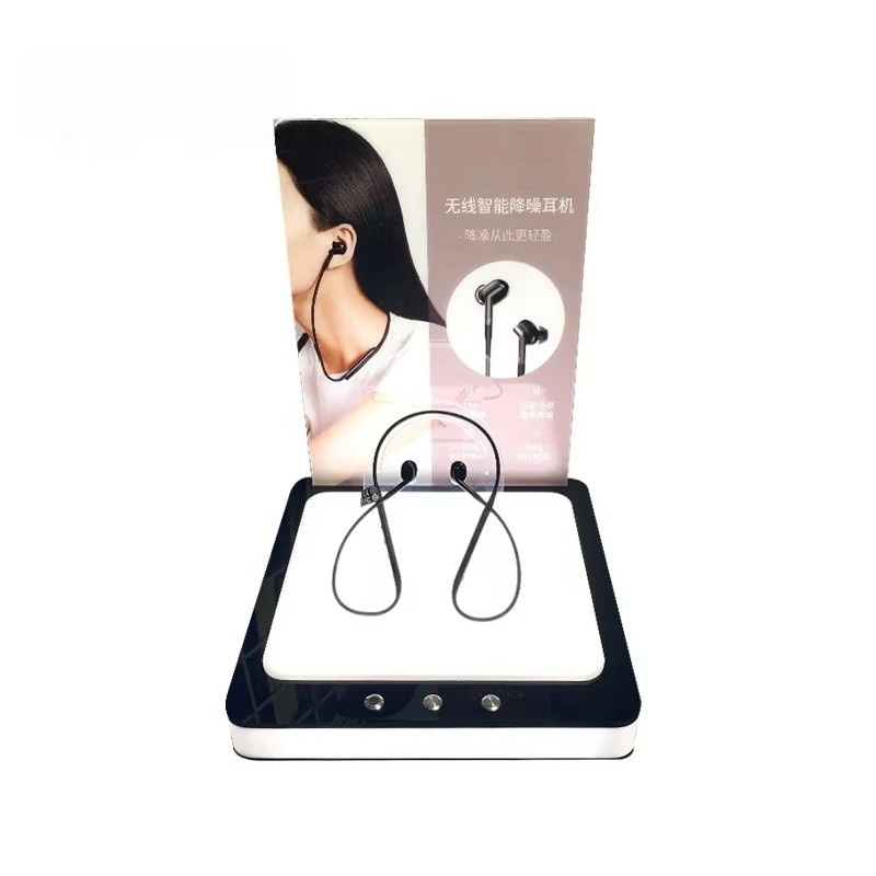 用于颈挂式耳机的L形带LED灯亚克力展示架，桌面式PMMA（亚克力）POP展示架，电子商店适用