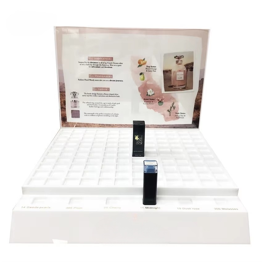 可拆卸L形带广告槽亚克力口红展示架、化妆品展示架，适用于美妆店